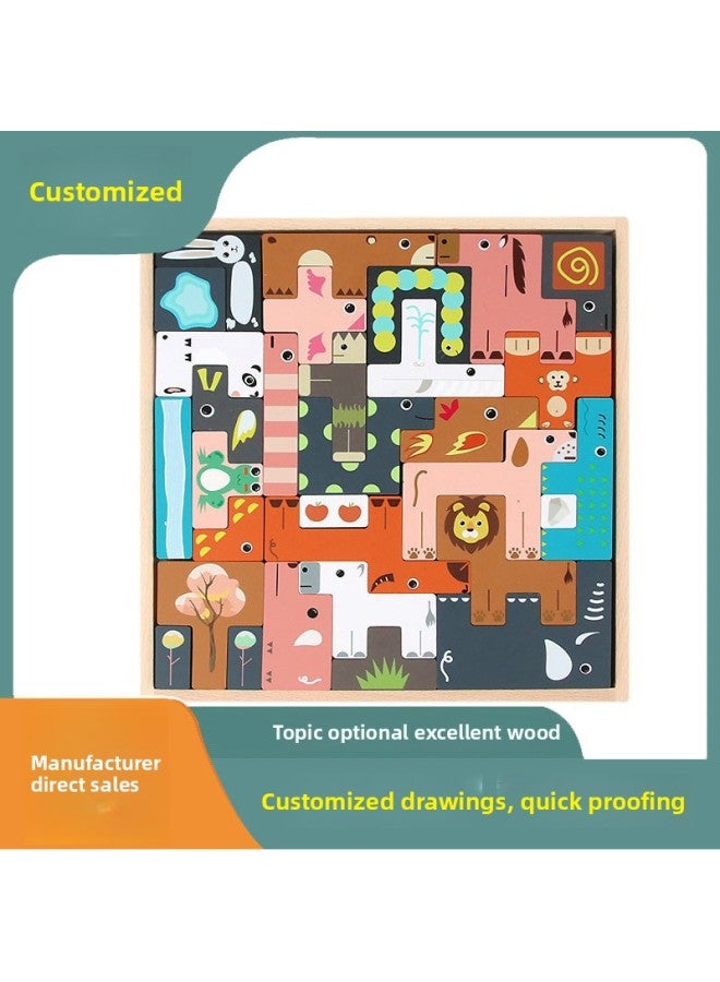 Children's Wooden Three-dimensional Puzzle Tetris Three-dimensional Animal Puzzle Puzzle Puzzle Building Block Toys Custom-Color:dn-animal Building Blocks - Image 2